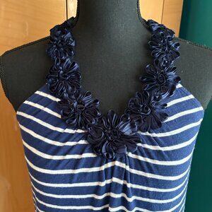 Macy's INC Blue/White Striped Rosette Ribbon Embellished Racer Back Top (Size M)